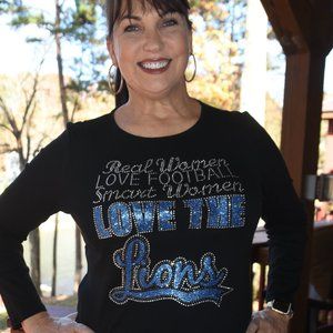 Lions Real Women Love Football rhinestone long sleeve shirt XS S M L XL…
